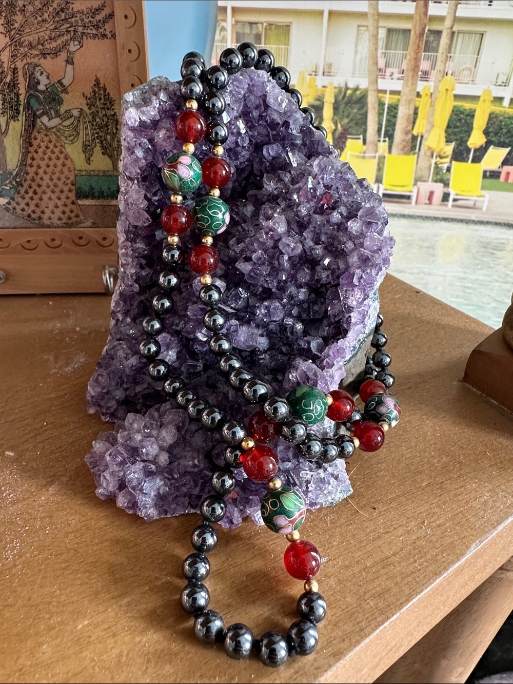 Handcrafted Hematite Necklace with Red and Green Cloisonné Beads